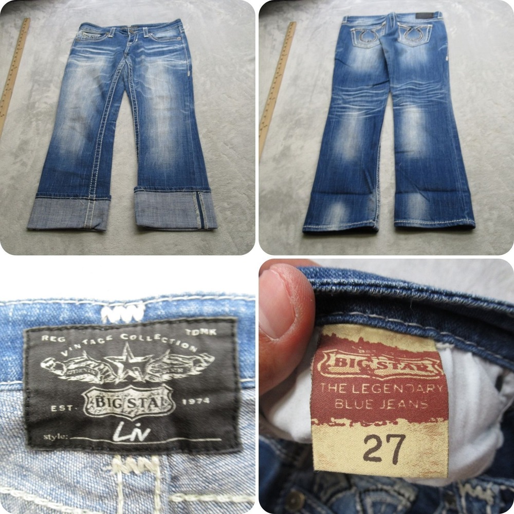 Big Star Jeans Women 32X27 Medium Wash Denim Liv Cropped Embroidered Embellished